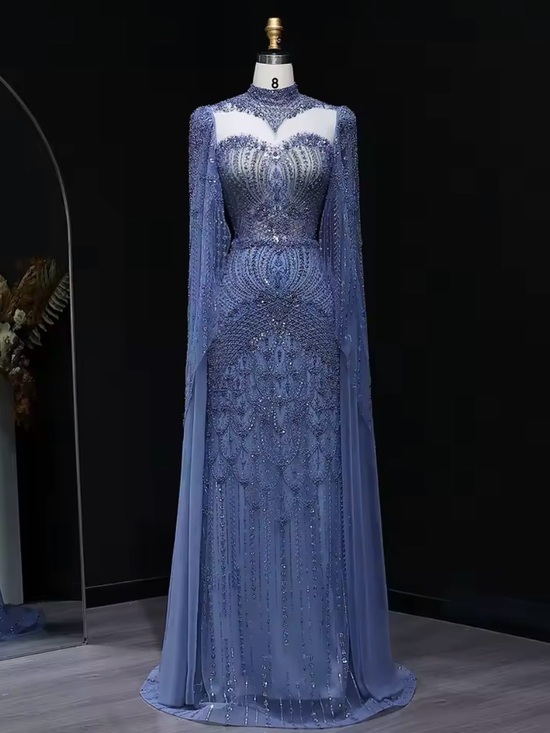 Dresses & Skirts - Elegant Beaded Long-Sleeve Evening Gown - Blue